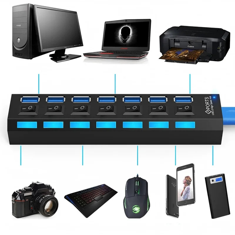 7 Ports USB 2.0 Hub LED 5Gbps  - Laptop Accessories Hub recension och pris